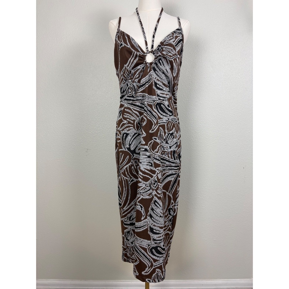 Tropical Halter Midi Dress Chocolate Brown Bodycon Y2K Resort Vacation Beach Med